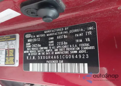 2012 Kia Optima Sx z USA, uszkodzony, nr VIN 5XXGR4A61CG064923